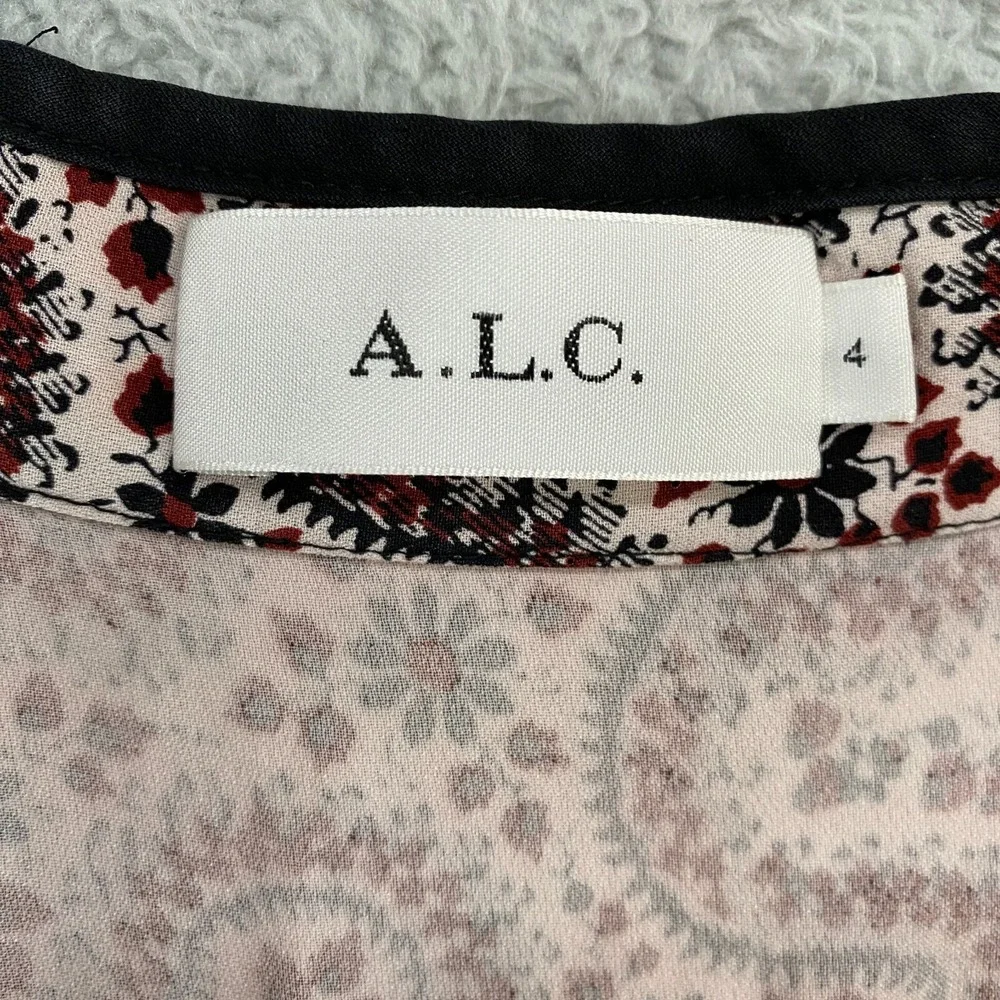 ALC Dress Womens 4 Floral Zip Up 100% Silk Short Sleeve Piping‎ Red Black White